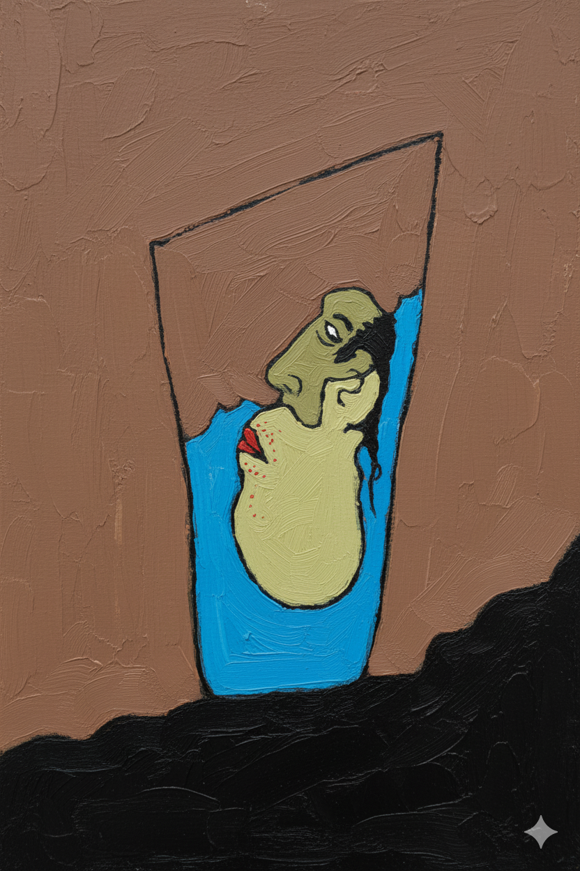 head in half a glass of water