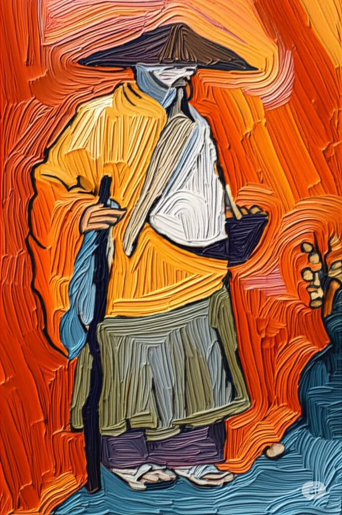 An oil painting of a monk, evoking the history of monk fruit.
